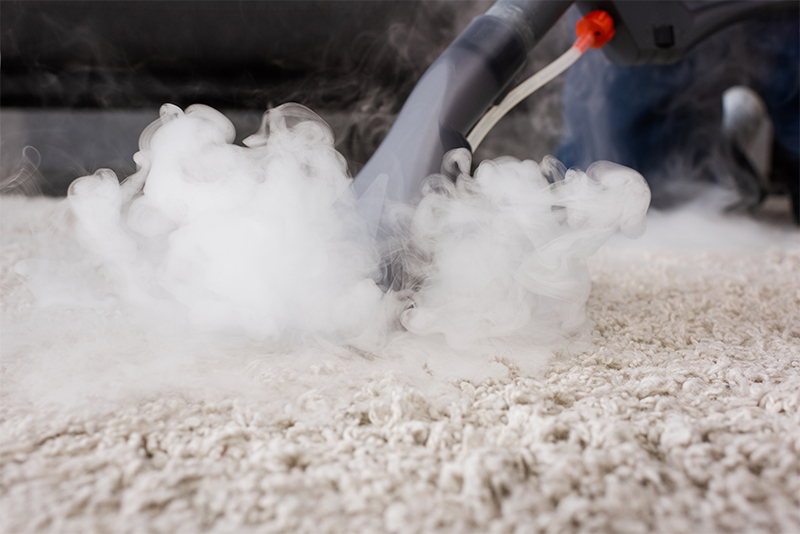 Selective focus of remove tea stains with vacuum cleaner with hot steam on carpet at home in London